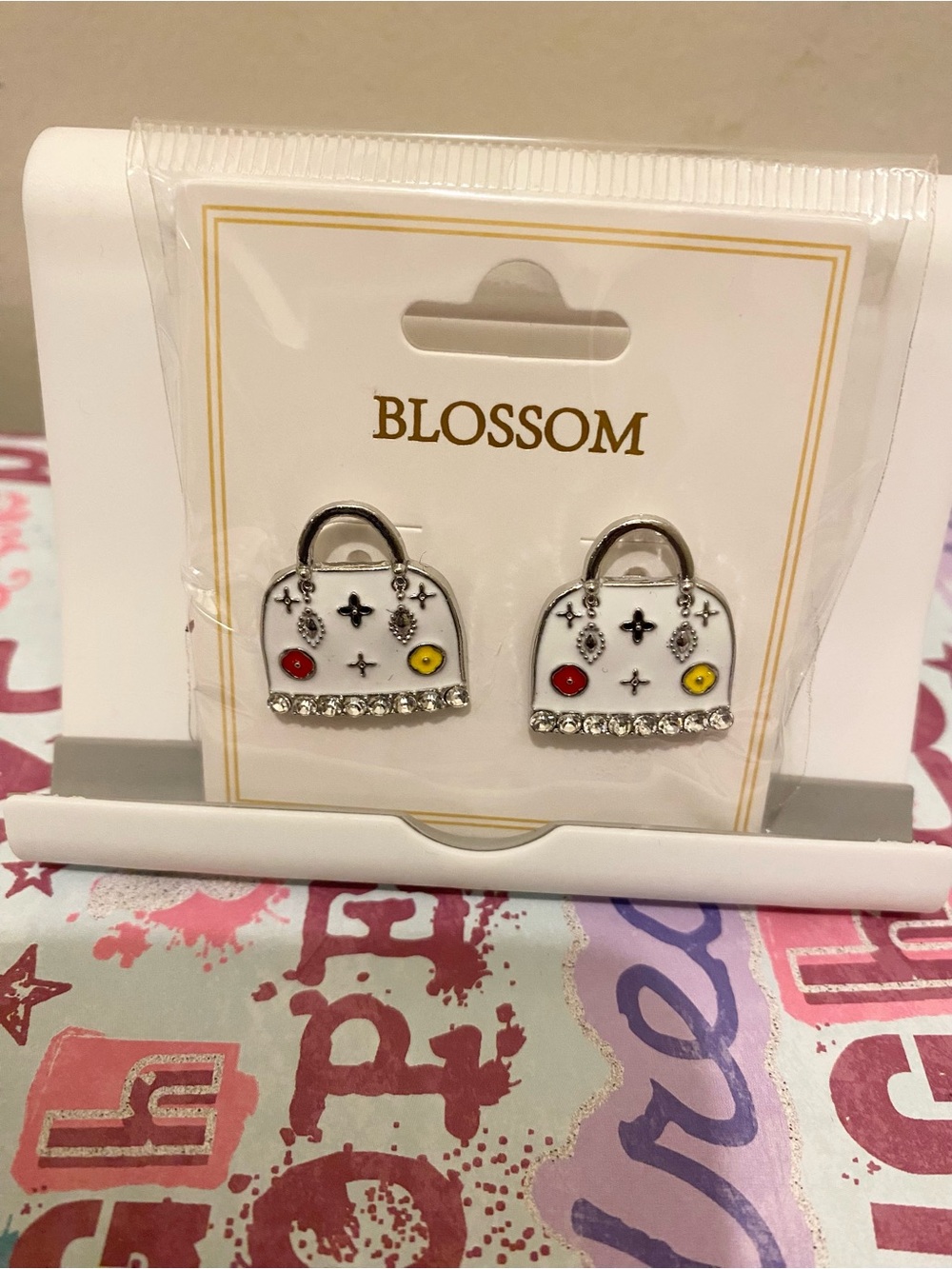 Blossom White Handbag Stud Earrings with Rhinestones